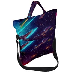 Night Sky Neon Spaceship Drawing Fold Over Handle Tote Bag by Ravend