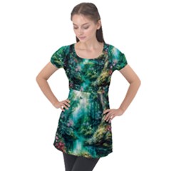 River Stream Flower Nature Puff Sleeve Tunic Top by Ravend