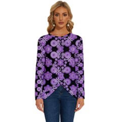 Bitesize Flowers Pearls And Donuts Lilac Black Long Sleeve Crew Neck Pullover Top by Mazipoodles