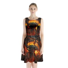 Dragon Art Fire Digital Fantasy Sleeveless Waist Tie Chiffon Dress by Celenk