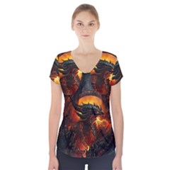 Dragon Art Fire Digital Fantasy Short Sleeve Front Detail Top by Celenk