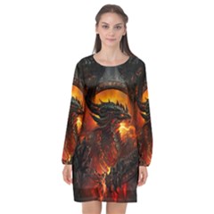 Dragon Art Fire Digital Fantasy Long Sleeve Chiffon Shift Dress  by Celenk