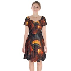 Dragon Art Fire Digital Fantasy Short Sleeve Bardot Dress by Celenk