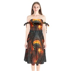 Dragon Art Fire Digital Fantasy Shoulder Tie Bardot Midi Dress by Celenk