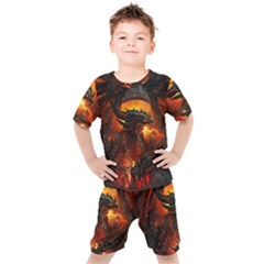 Dragon Art Fire Digital Fantasy Kids  Tee And Shorts Set by Celenk