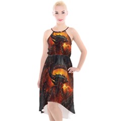 Dragon Art Fire Digital Fantasy High-low Halter Chiffon Dress  by Celenk