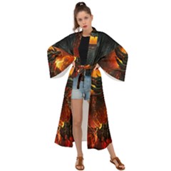 Dragon Art Fire Digital Fantasy Maxi Kimono by Celenk