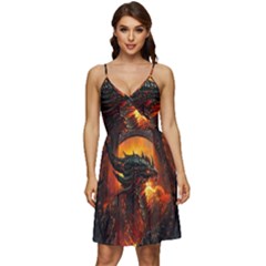 Dragon Art Fire Digital Fantasy V-neck Pocket Summer Dress  by Celenk