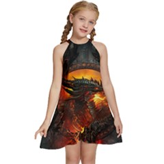 Dragon Art Fire Digital Fantasy Kids  Halter Collar Waist Tie Chiffon Dress by Celenk