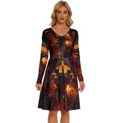 Dragon Art Fire Digital Fantasy Long Sleeve Dress With Pocket by Celenk