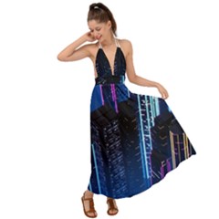 Night Music The City Neon Background Synth Retrowave Backless Maxi Beach Dress by uniart180623