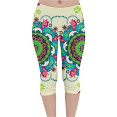 Mandala Flowers Abstract Butterflies Floral Pattern Summer Velvet Capri Leggings  by uniart180623