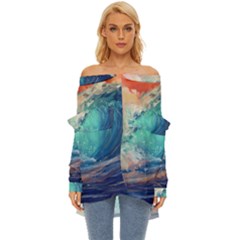 Artistic Wave Sea Off Shoulder Chiffon Pocket Shirt by uniart180623