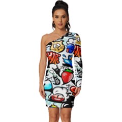 Graffiti Art Cartoon Comic Long Sleeve One Shoulder Mini Dress by uniart180623