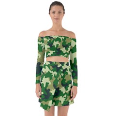 Green Military Background Camouflage Off Shoulder Top With Skirt Set by uniart180623