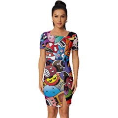 Cartoon Explosion Cartoon Characters Funny Fitted Knot Split End Bodycon Dress by uniart180623