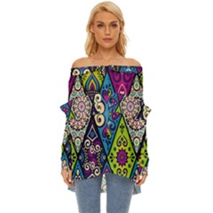 Ethnic Pattern Abstract Off Shoulder Chiffon Pocket Shirt by uniart180623