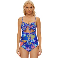 Sea Fish Illustrations Knot Front One-piece Swimsuit by Mariart