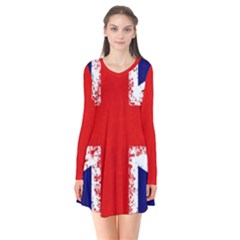 Union Jack London Flag Uk Long Sleeve V-neck Flare Dress by Celenk