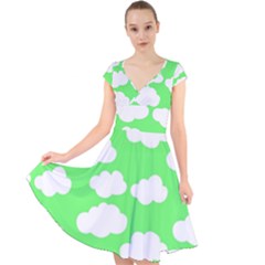 Green And White Cute Clouds  Cap Sleeve Front Wrap Midi Dress by ConteMonfrey