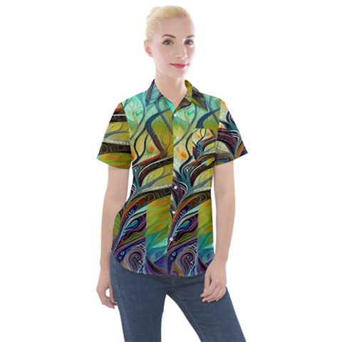 Tree Magical Colorful Abstract Metaphysical Women s Short Sleeve Pocket Shirt by Simbadda