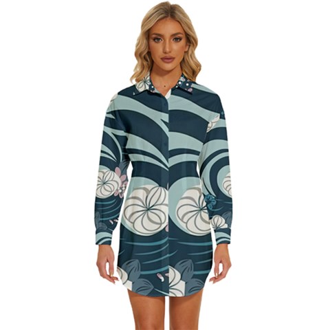 Flowers Pattern Floral Ocean Abstract Digital Art Womens Long Sleeve Shirt Dress by Simbadda