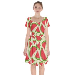 Cute Watermelon Seamless Pattern Short Sleeve Bardot Dress by Simbadda