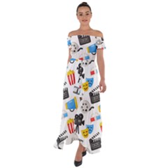 Cinema Icons Pattern Seamless Signs Symbols Collection Icon Off Shoulder Open Front Chiffon Dress by Simbadda