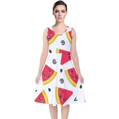 Cute Smiling Watermelon Seamless Pattern White Background V-neck Midi Sleeveless Dress  by Simbadda