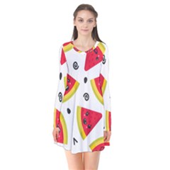 Cute Smiling Watermelon Seamless Pattern White Background Long Sleeve V-neck Flare Dress by Simbadda