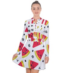 Cute Smiling Watermelon Seamless Pattern White Background Long Sleeve Panel Dress by Simbadda