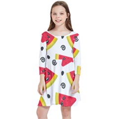 Cute Smiling Watermelon Seamless Pattern White Background Kids  Quarter Sleeve Skater Dress by Simbadda