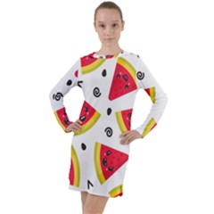 Cute Smiling Watermelon Seamless Pattern White Background Long Sleeve Hoodie Dress by Simbadda