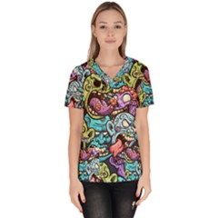 Zombie Heads Pattern Women s V-neck Scrub Top by Simbadda