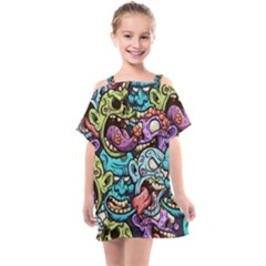 Zombie Heads Pattern Kids  One Piece Chiffon Dress by Simbadda