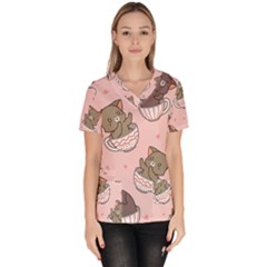 Seamless Pattern Adorable Cat Inside Cup Women s V-neck Scrub Top by Simbadda