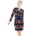 Funny Christmas Pattern Background Button Long Sleeve Dress View1