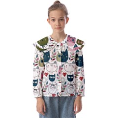 Pattern With Cute Cat Heads Kids  Peter Pan Collar Blouse by Simbadda