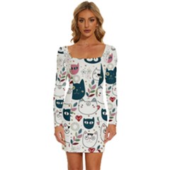 Pattern With Cute Cat Heads Long Sleeve Square Neck Bodycon Velvet Dress by Simbadda