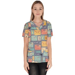 Pattern Postal Stationery Women s V-neck Scrub Top by Simbadda