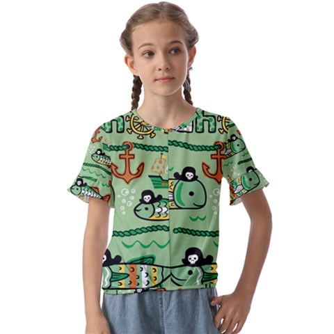 Seamless Pattern Fishes Pirates Cartoon Kids  Cuff Sleeve Scrunch Bottom Tee by Simbadda