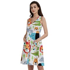 Seamless Pattern Vector With Animals Cartoon Sleeveless Dress With Pocket by Simbadda