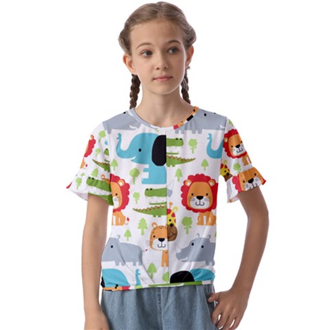 Seamless Pattern Vector With Animals Cartoon Kids  Cuff Sleeve Scrunch Bottom Tee by Simbadda