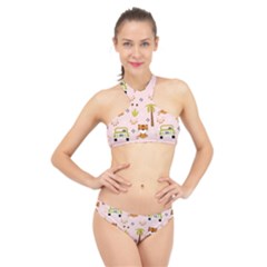 Cute Tiger Car Safari Seamless Pattern High Neck Bikini Set by Simbadda