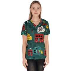 Seamless Pattern Hand Drawn With Vehicles Buildings Road Women s V-neck Scrub Top by Simbadda