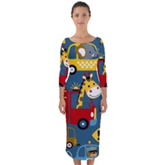 Seamless Pattern Vehicles Cartoon With Funny Drivers Quarter Sleeve Midi Bodycon Dress by Simbadda