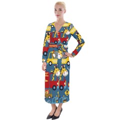 Seamless Pattern Vehicles Cartoon With Funny Drivers Velvet Maxi Wrap Dress by Simbadda