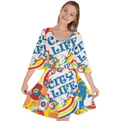 Colorful City Life Horizontal Seamless Pattern Urban City Velour Kimono Dress by Simbadda