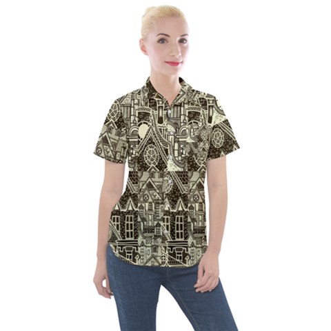 Four Hand Drawn City Patterns Women s Short Sleeve Pocket Shirt by Simbadda