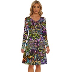 Graffiti Word Seamless Pattern Long Sleeve Dress With Pocket by Simbadda